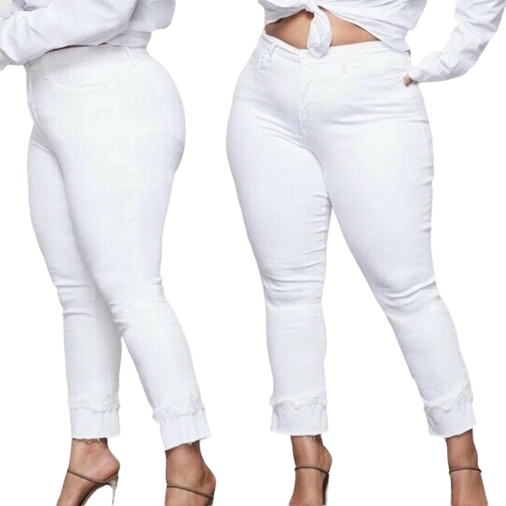 Good American | Good Straight Double Chew Raw Hem High Rise White Jeans Size 14